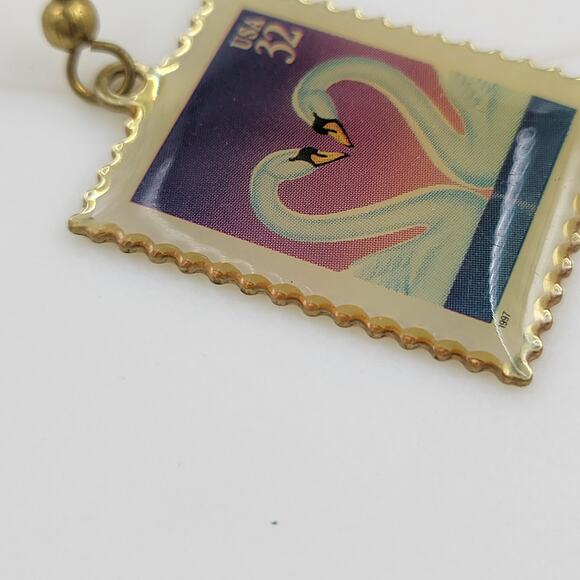 Swan Love 32 Cent Stamp Dangle Earrings Heart Gold Tone Postage Mail USA - Picture 3 of 12